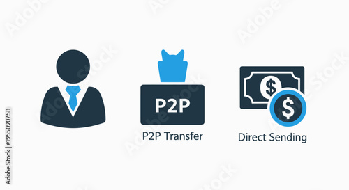Peer to peer financial transfer and direct money sending icons featuring p2p payment system and digital cash transaction graphics for modern banking and fintech solutions