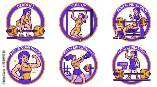 Female Fitness Exercise Badges and Gym Workout Icons Set