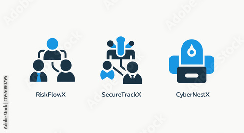 Flat vector icons for network security and cybersecurity management including risk flow secure track and cyber nest concepts for protecting organizational data and user connections