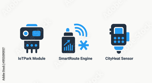 Smart city technology and iot module icon collection showcasing intelligent route engineering city heat sensors and advanced wireless connectivity solutions