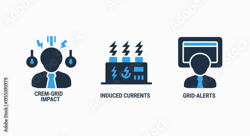 Industrial electrical grid monitoring icon set featuring crew grid impact alerts, induced current measurements, and digital system alerts for energy management and power plant maintenance