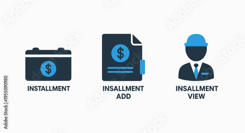 Financial installment and payment management icon set representing scheduled billing service fees and professional banking documentation for business projects