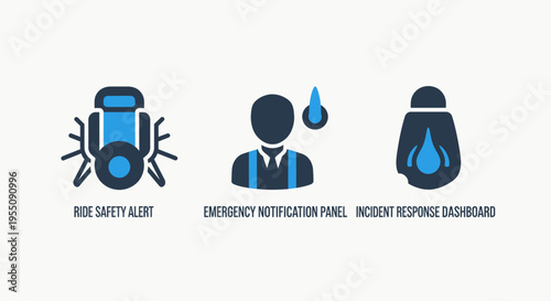 Industrial safety and emergency response icon set featuring safety agent, emergency communication, and incident report dashboard for workplace security and risk management tracking