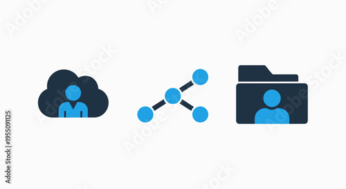 Digital identity and network connectivity icon set representing professional user profiles cloud storage data organization and it infrastructure communication for business technology