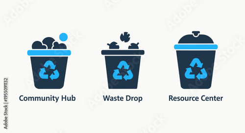 Sustainable waste management and recycling center icons representing environmental protection community eco hubs and responsible resource disposal programs for green industry initiatives