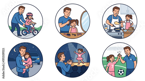 Father and daughter bonding moments daily activities vector illustrations