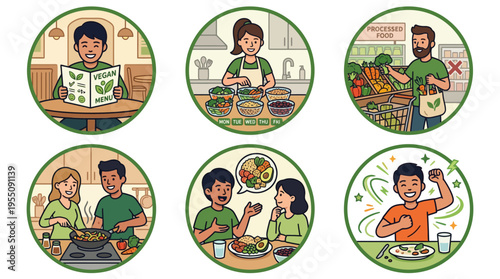 Illustrations showing steps for a healthy vegan and plant-based lifestyle