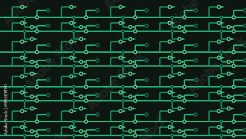 Circuit board technology digital seamless pattern background with futuristic geometric interconnected lines and data flow elements in vibrant green and teal colors on a dark backdrop, perfect for mode