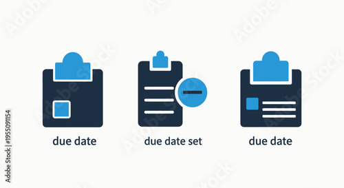 Project management clipboard icons for scheduling and deadline tracking including due date settings for task organization efficiency and administrative business workflow optimization