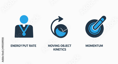 Physics and kinetic energy icons depicting object motion rates momentum and force calculation for scientific research laboratory analysis and educational engineering concepts