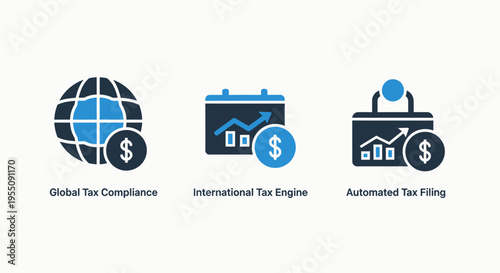International tax compliance icons for global financial management featuring automated filing engines and accounting systems for corporate economic trade and monetary regulation