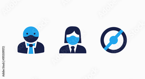 Healthcare and public safety icons featuring people wearing protective face masks for hygiene protocols disease prevention and clinical medical security in public office environments
