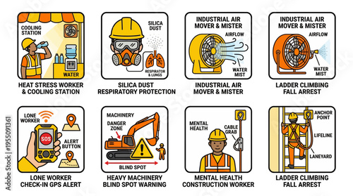 Industrial Construction Safety Icons Set for Workplace Health and Hazards