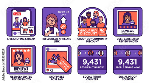 Social commerce and e-commerce marketing strategy icon collection vector