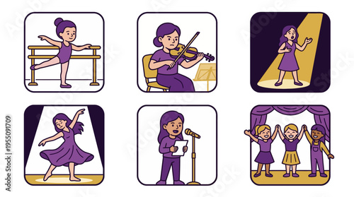 Girls performing arts set including dance music and theater illustrations