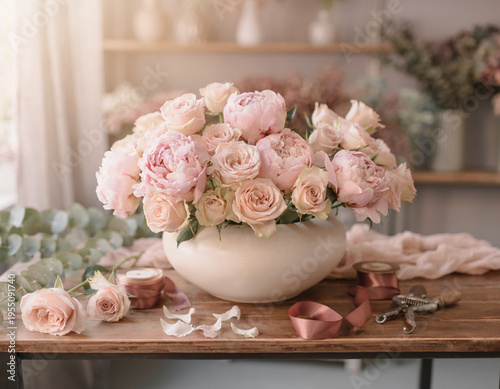 A romantic flower boutique display featuring pale pink peonies and roses bathed in soft light, creating a pleasing arrangement.