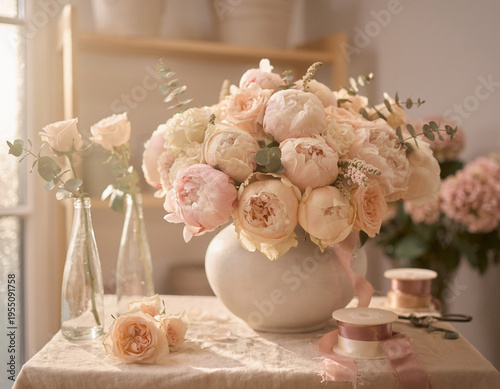 A romantic flower boutique display featuring pale pink peonies and roses bathed in soft light, creating a pleasing arrangement.