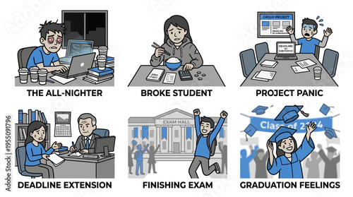 Student life journey challenges and academic success comic illustration collage