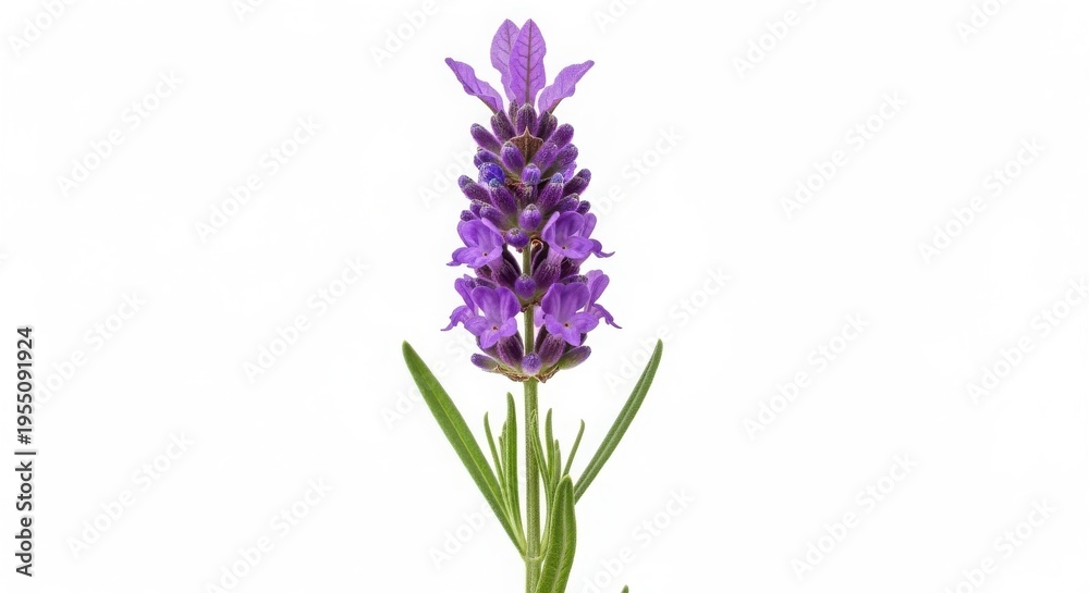 Obraz premium Single Sprig of Fresh Purple Lavender Flower with Green Leaves isolated on White Background