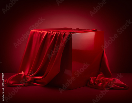 An empty red box is draped with flowing red silk fabric. The smooth, lustrous material forms elegant folds, while dramatic lighting accentuates the deep color and soft texture.