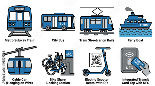 Public transportation icons set for urban mobility and smart city