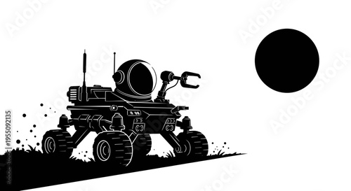 Black and White Illustration of a Lunar Rover Exploring a Planet