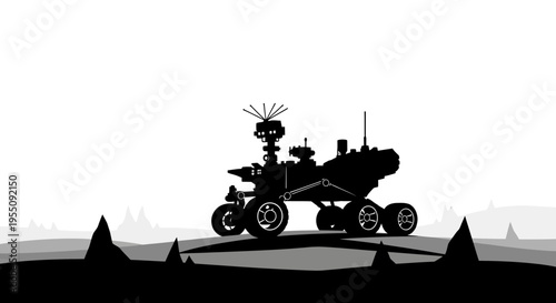 Silhouette of a Mars Rover Exploring a Rocky Alien Landscape
