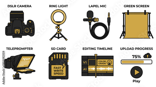 Video production and filmmaking content creator equipment icon collection