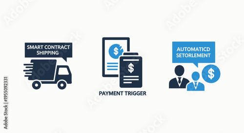Concept icons: automated shipping, payment processing, and automated settlement for business and finance. clean vector graphic with blue and dark blue elements on a white background