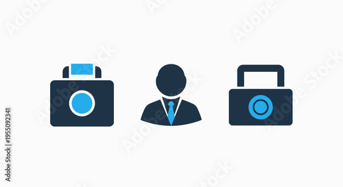 Icons representing camera, user profile, and security lock for photography, personal data, and online protection. vector graphic with blue and dark blue elements on a white background
