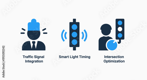 Icons representing traffic signal integration, smart light timing, and intersection optimization for smart city and traffic management systems. vector graphic