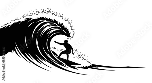 Surfer Riding a Massive Ocean Wave Silhouette