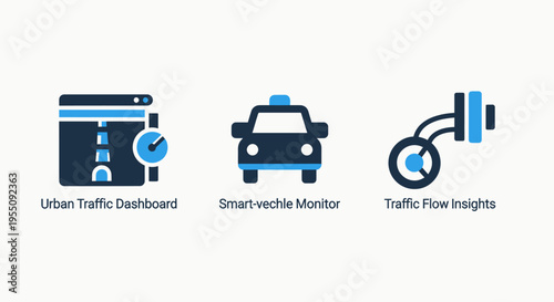 Icons for urban traffic dashboard, smart vehicle monitor, and traffic flow insights for city planning, transportation management, and data analysis. vector graphics
