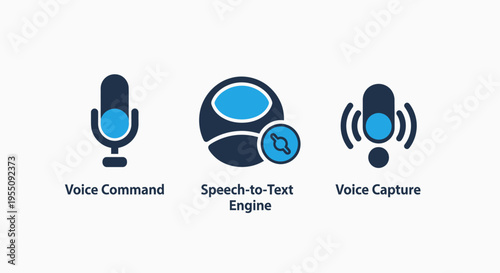 Voice command, speech-to-text, and voice capture icons: technology and communication symbol set for digital interfaces