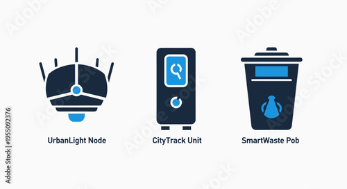 Icons for urban light node, city track unit, and smart waste hub for smart city infrastructure, connectivity, and environmental management. vector graphics
