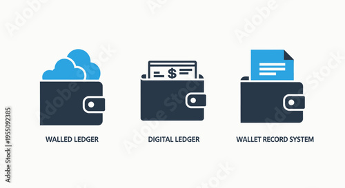 Digital wallet icons: cloud storage, financial transactions, and secure record keeping for online payments and finance, e commerce