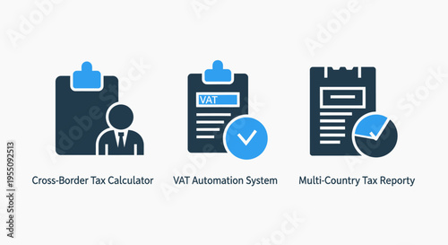 Taxation and financial reporting icons: cross-border calculation, tax system, and reporting
