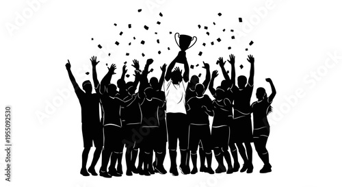 Winning Sports Team Celebrating with Trophy Silhouette