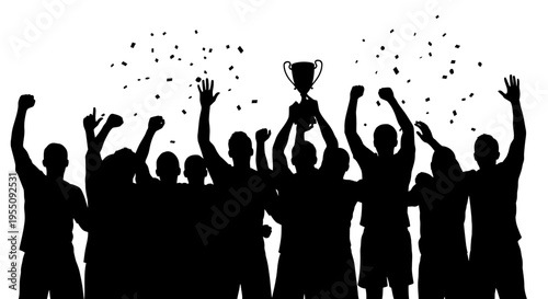 Silhouette of Cheering Sports Team Celebrating Victory with Trophy