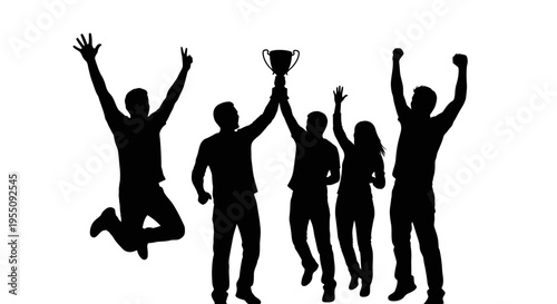 Group of Happy People Celebrating Success with Trophy Silhouette
