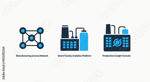 Industrial icons: network connection, manufacturing plant, recycling process - clean vector graphics