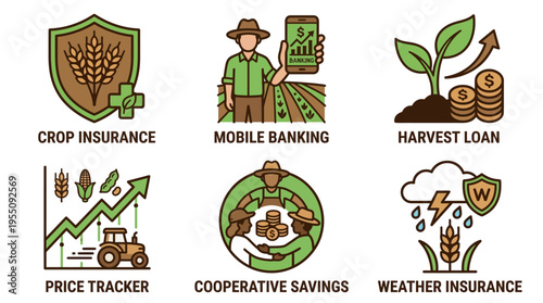 Set of agricultural finance and crop insurance icon vector illustrations