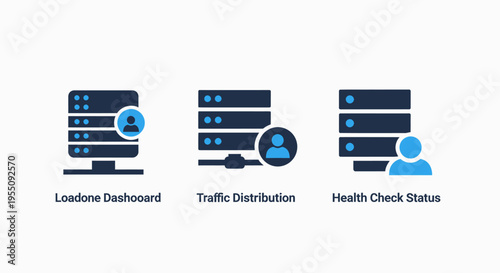 It management icons: server monitoring, data distribution, health check status - modern flat design