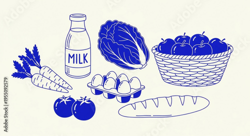 Farm market food set outline sketch vector illustration