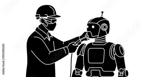 Engineer Repairing Humanoid Robot Silhouette