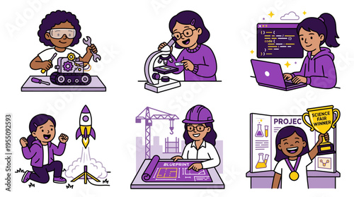 Diverse Girls in STEM Education and Science Research Illustration Set