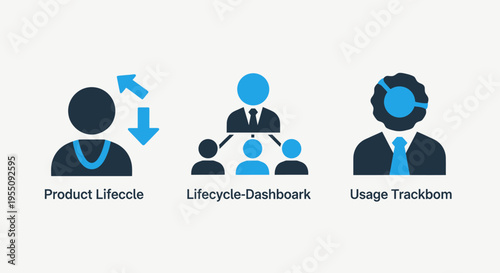 Business process icons: product lifecycle, team dashboard, usage tracking - workflow and management graphics