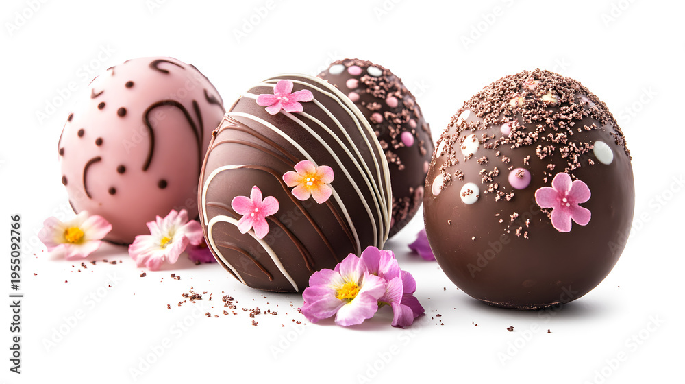 Obraz premium Assorted chocolate easter eggs with sprinkles and flowers