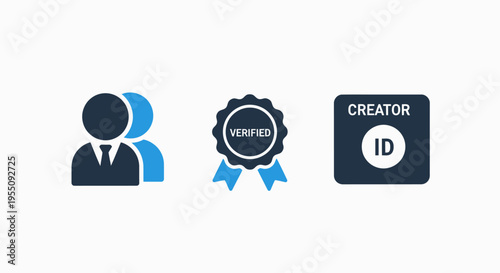Creator identity icons: people icon, verified badge, creator id card, representing digital identity, verification, and professional profiles for artists and influencers