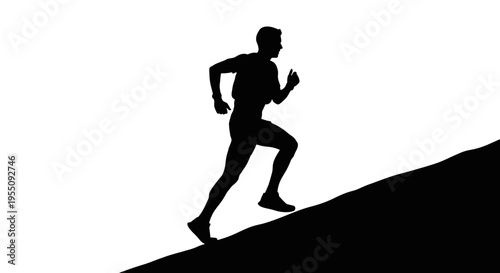 Silhouette of a man running uphill against a white background